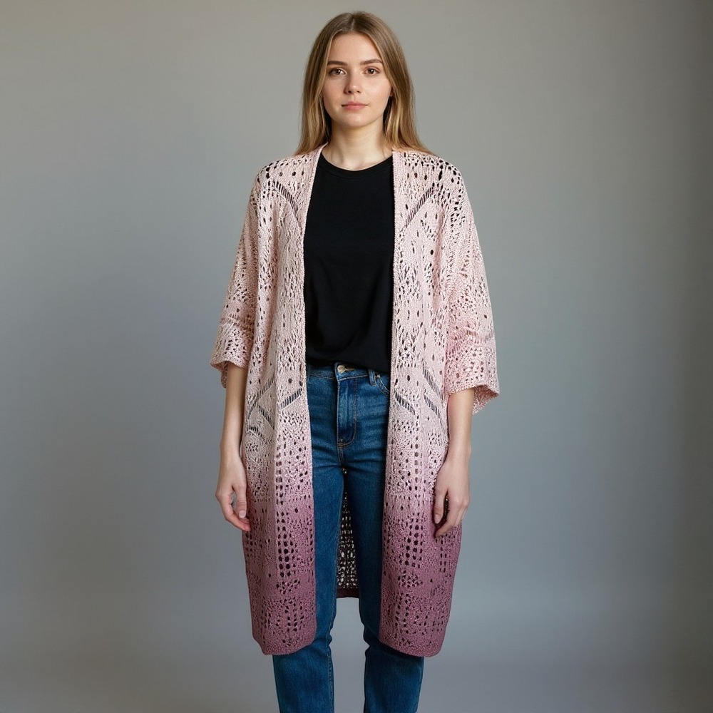 Knox Rose Pink Ombre Crochet Pointelle Knit Open Front Duster Cardigan Womens L